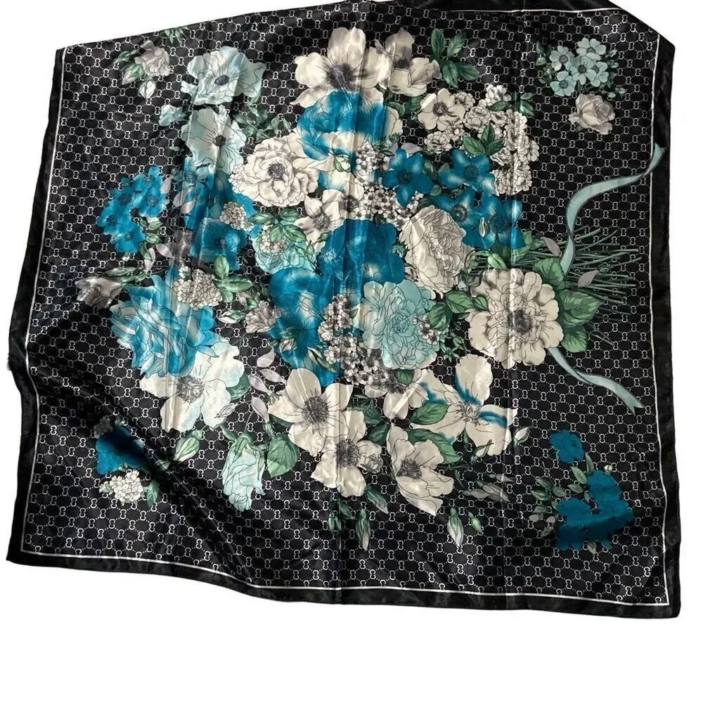 Fashion Scarf Black Blue White Floral Polyester 35x35